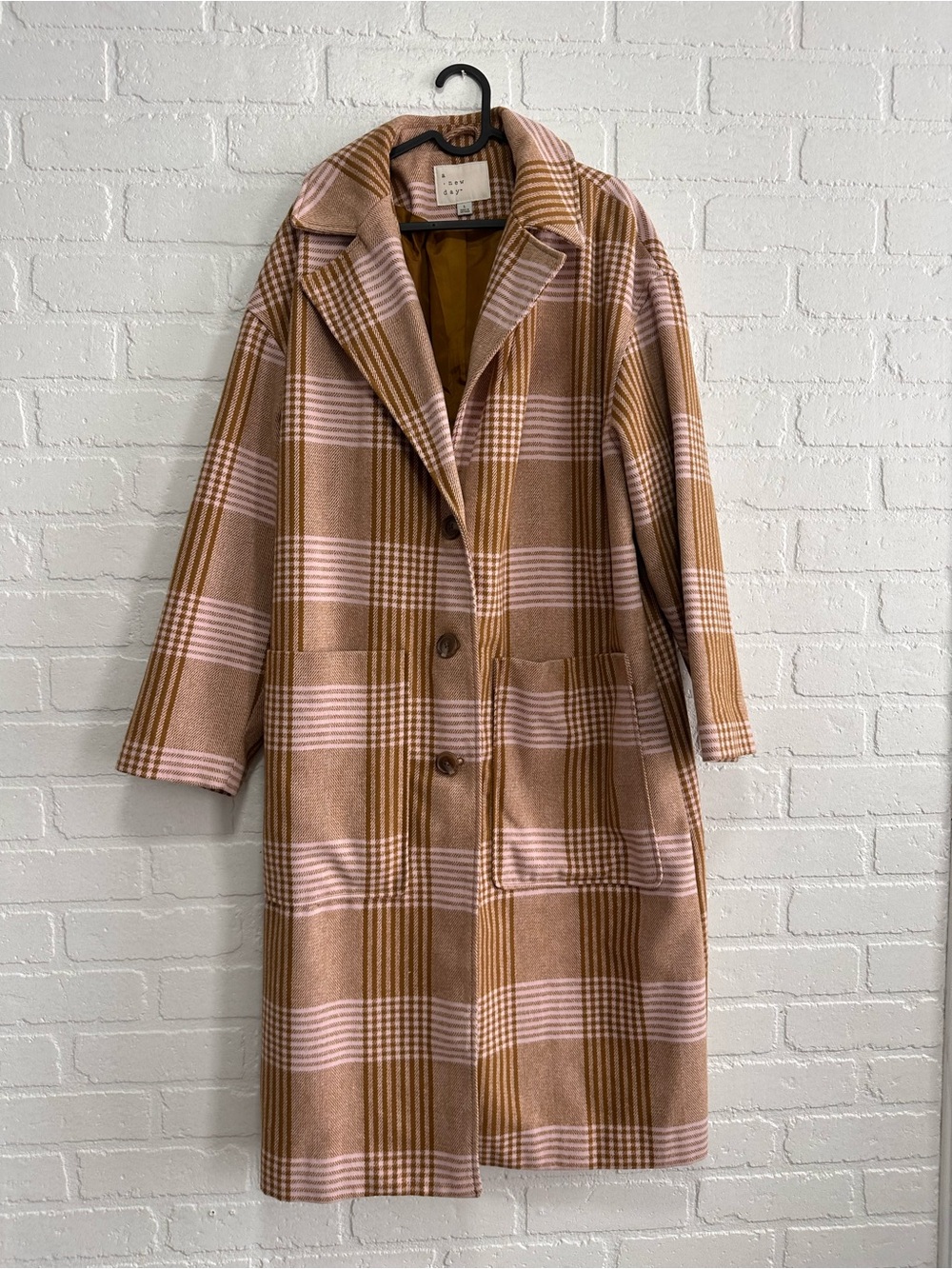 a new day Pink and Camel Plaid Coat with Notch Collar